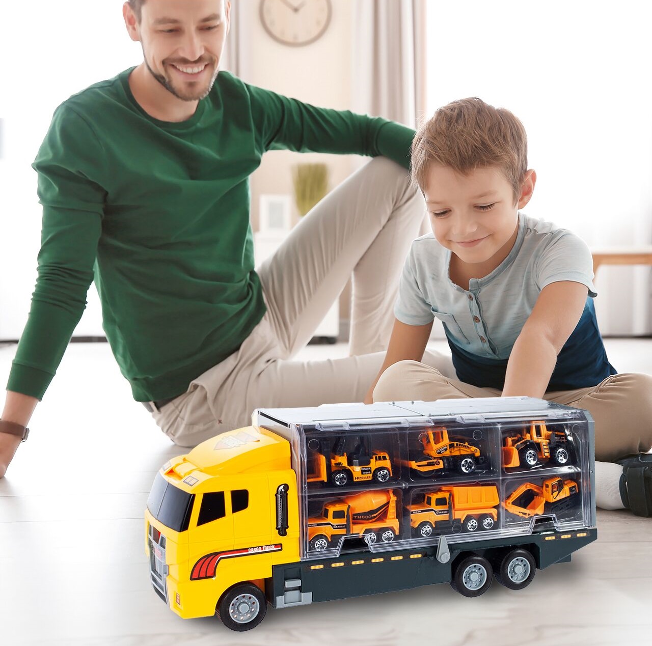 Camion TIR unic cu 6 mașini de construcții