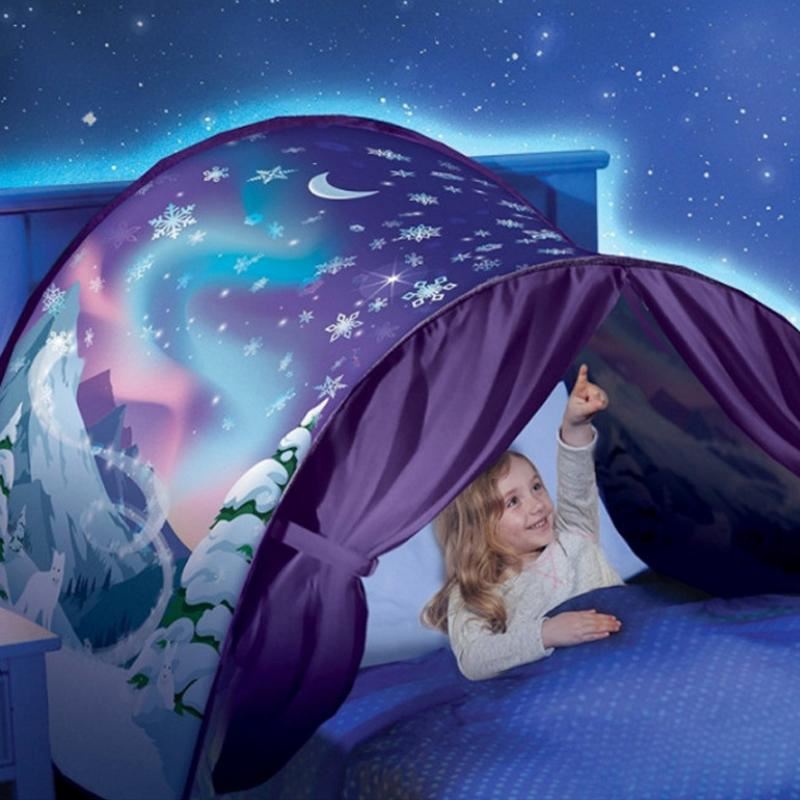 niebieski namiot dla dzieci nad łóżkiem