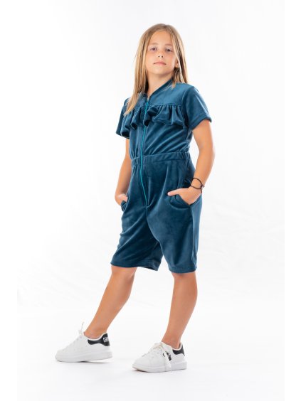 Dievčenský overal plyšový krátký z volánikom Navy blue