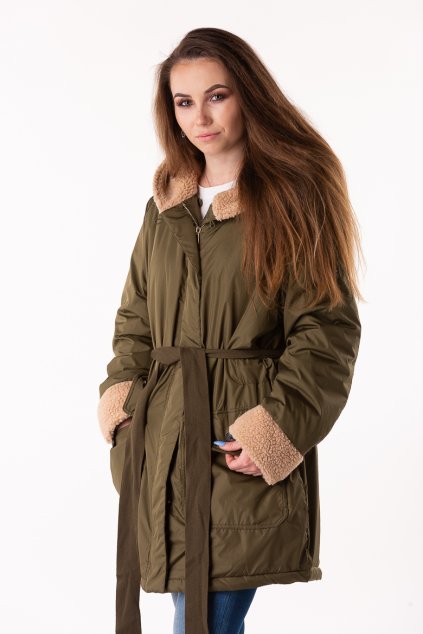 Bunda - TOMMY HILFIGER ALANA TEDDY LONG PARKA olivová