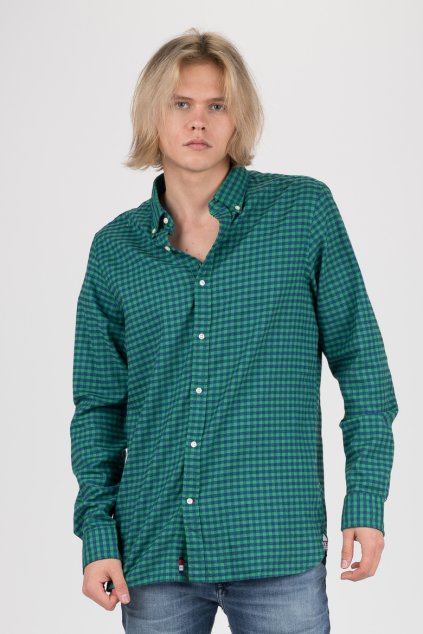 Košeľa - SLIM GLOBAL STRIPE GINGHAM SHIRT smaragdovo-modrá