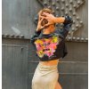 Černá lehká crop trhaná denim bunda BEATS s potiskem