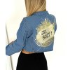 Modrá lehká crop denim bunda JSI BOŽÍ s potiskem