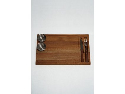 Sapelová drevená krájacia a servírovacia doska s miskami 42 × 26 cm