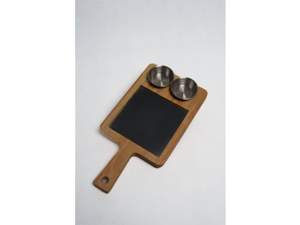 Kaučukovníková drevená servírovacia doska s bridlicou a miskami 37 × 19 cm