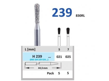 HORICO diamantový brousek - hruška, H239 (Zrnitost normal, Pracovní část Průměr 2,1mm (021))