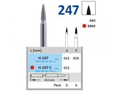 HORICO diamantový brousek - plamínek, H247 (Zrnitost normal, Pracovní část Průměr 1,2mm (012))