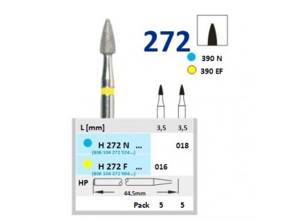 HORICO diamantový brousek - plamínek, H272 (Zrnitost F - extra jemná, Pracovní část Průměr 1,6mm (016))