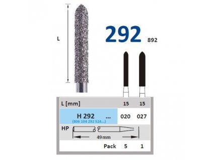 HORICO diamantový brousek - torpédo, H292, průměr 2,7mm, zrnitost normal (Zrnitost normal, Pracovní část Průměr 2,0mm (020))