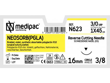 Neosorb PGLA - USP 3/0, EP 2.0, jehla řezná 3/8 (Délka vlákna 75 cm, Velikost jehly 26 mm)
