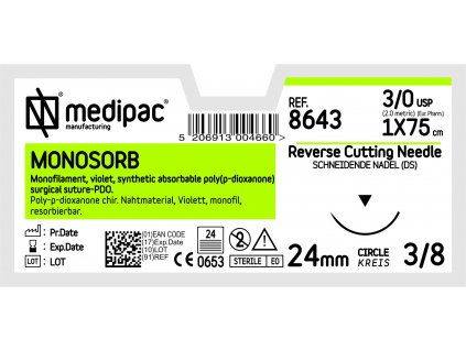 MONOSORB - USP 3/0, EP 2.0, jehla řezná 3/8 (Délka vlákna 75 cm, Velikost jehly 24 mm)