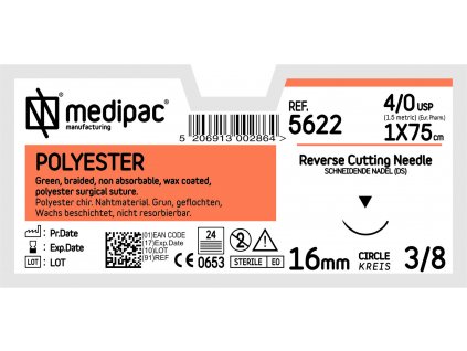 Polyester - USP 4/0, EP 1.5, jehla řezná 3/8 (Délka vlákna 45 cm, Velikost jehly 12 mm)