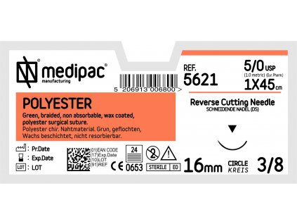 Polyester - USP 5/0, EP 1.0, (Délka vlákna 75 cm, Velikost jehly 17 mm)