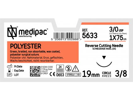 Polyester - USP 3/0, EP 2.0, jehla řezná 3/ (Délka vlákna 75 cm, Velikost jehly 24 mm)