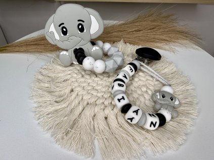 Desami Set kousátko a klip na dudlík Sloník Šedý