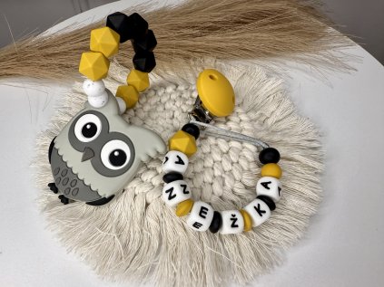 Desami Set kousátko a klip na dudlík Sovička Hořčicový