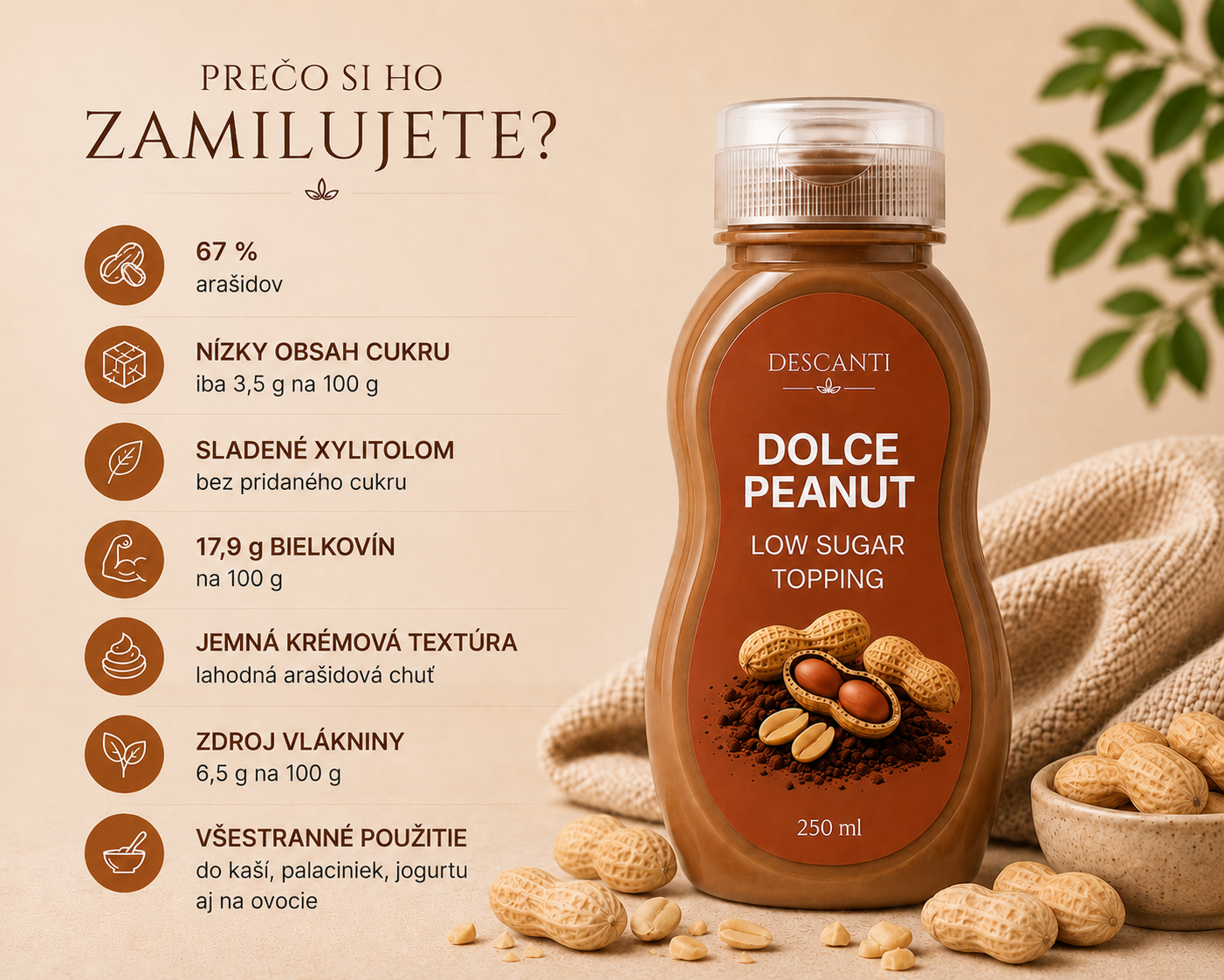 Descanti Topping Dolce Peanut — 67% arašidov, bez pridaného cukru, sladené xylitolom, 17,9 g bielkovín na 100 g