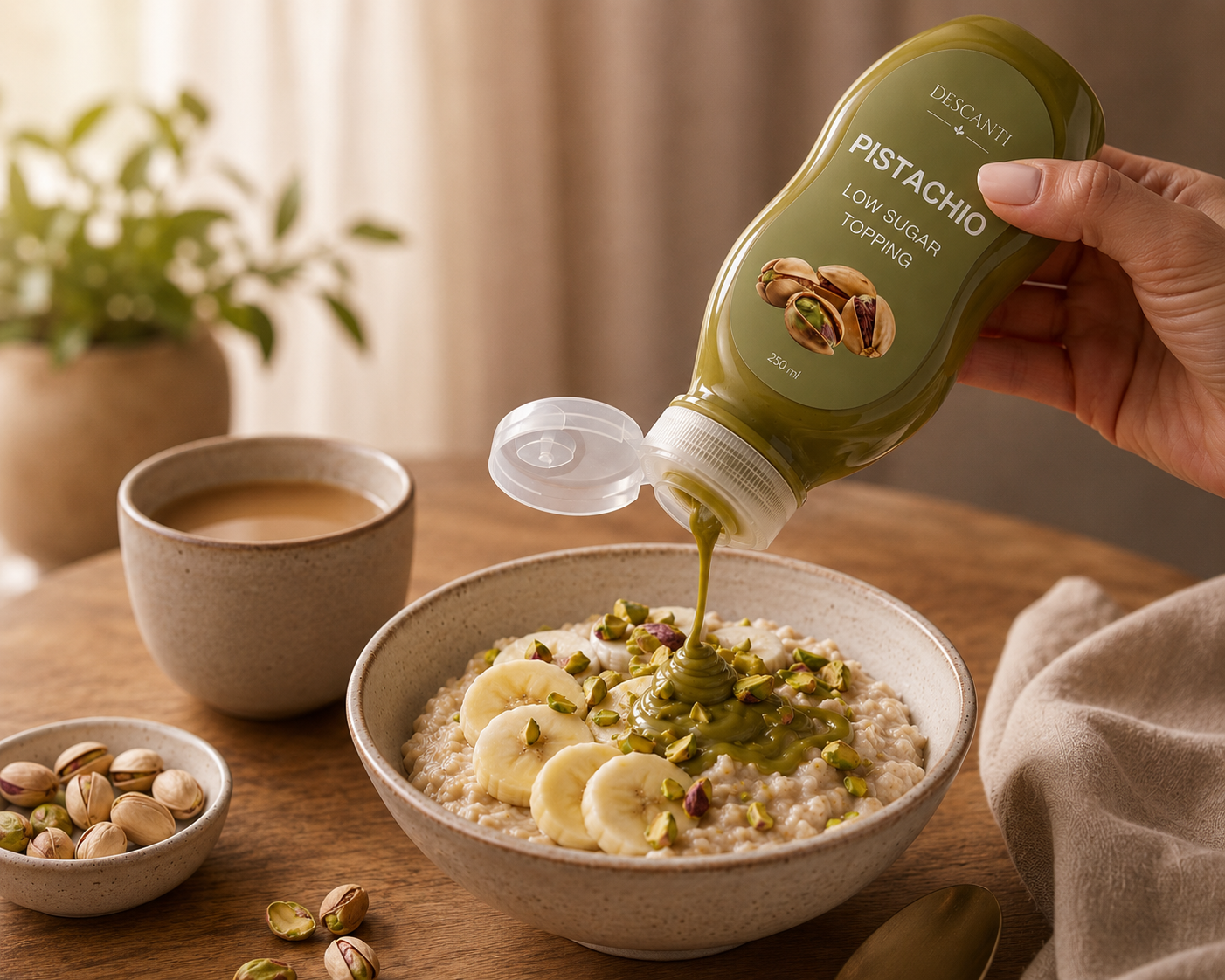Descanti Topping Pistachio nalievaný na ovsenú kašu s banánom a pistáciami