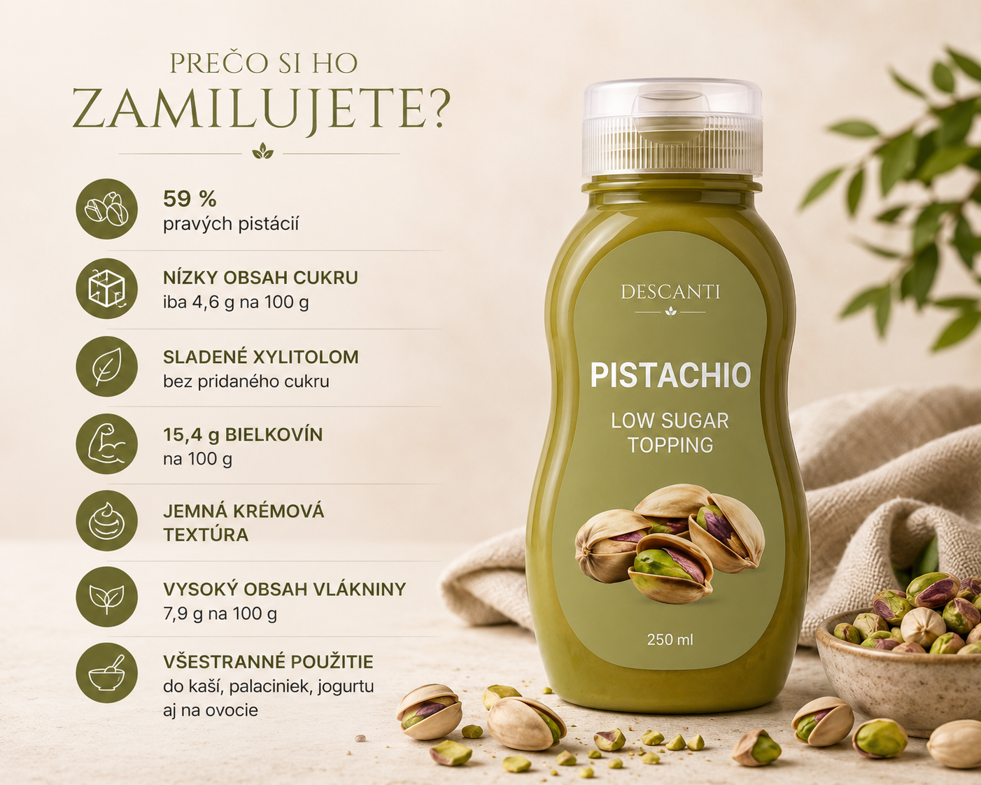 Descanti Topping Pistachio — 59% pravých pistácií, bez pridaného cukru, sladené xylitolom, 15,4 g bielkovín na 100 g