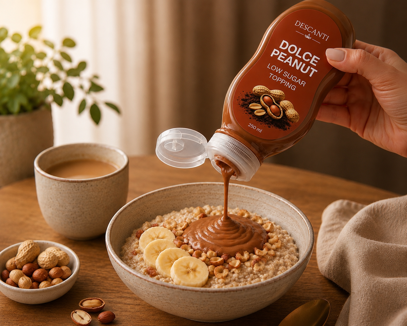 Descanti Topping Dolce Peanut nalievaný na raňajky s arašidmi