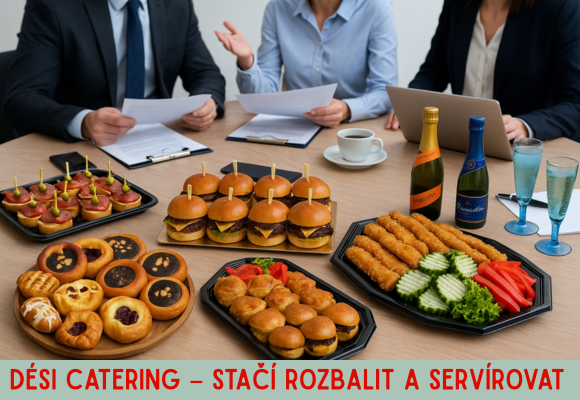 Dési catering Opava – moderní coffee break s mini burgery, croissanty a obloženými chlebíčky
