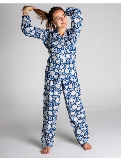 Bavlněné indigo pyžamo květina