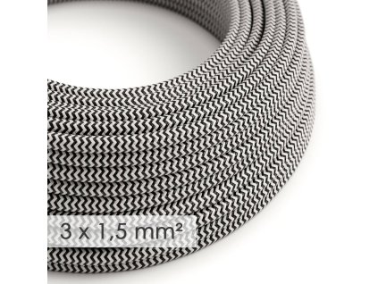 textilni elektricky kabel se sirsim prumerem 3x15 umely hedvab rz04 cik cak cerny