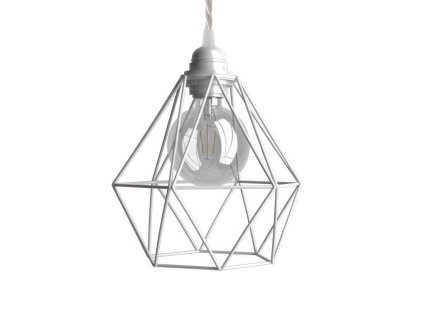 Závěsná lampa s textilním kabelem, stínidlovým rámem Diamant a kovovými detaily  (Povrchová úprava Bílá, Světelný zdroj S žárovkou)