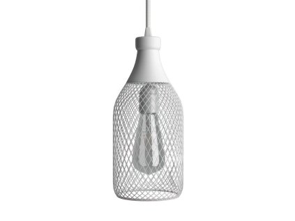 Závěsná lampa s textilním kabelem, stínidlem tvaru lahve Jéroboam a kovovými detaily  (Povrchová úprava Bílá, Světelný zdroj S žárovkou, SMART HOME NE)