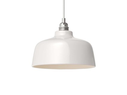 Závěsná lampa s textilním kabelem, keramickým stínidlem tvaru Misky s kovovými detaily  (Povrchová úprava Lesklá bílá, Světelný zdroj S žárovkou, SMART HOME NE)