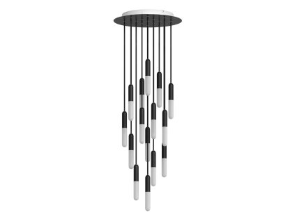 Svítidlo s 15 závěsnými světly, s žárovkami, objímkami P-Light a baldachýnem Rose-One s průměrem 400 mm.  (Povrchová úprava Černá, Světelný zdroj Bez žárovky)