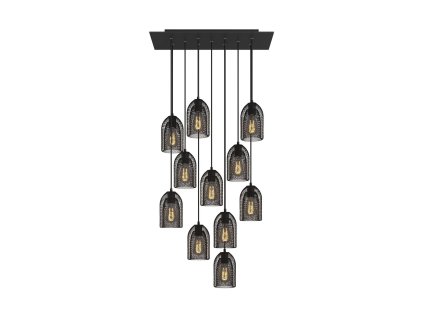 Závěsná lampa s 11 světly, s obdélníkovým XXL baldachýnem Rose-One, textilním kabelem a kovovými stínidly Ghostbell (Vzor Matná černá Dibond, Světelný zdroj Bez žárovky)