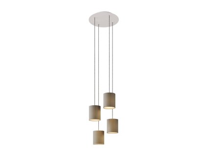 Závěsná lampa se 4 světly, s kulatým XXL baldachýnem Rose-One, textilním kabelem a válcovými plátěnými stínidly (Povrchová úprava Šedý Arenal, Světelný zdroj Bez žárovky, Montáž Sada na sestavení)