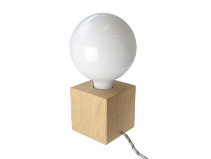 Posaluce Cubetto, naše dřevěná stolní lampa s textilním kabelem, in-line vypínačem a dvoupólovou zástrčkou (Povrchová úprava Neutrální, Zapojení EU, Světelný zdroj Bez žárovky)