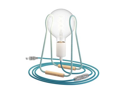 kovová stolní lampa Taché s textilním kabelem, vypínačem a dvoupólovou zástrčkou (Zapojení EU, Světelný zdroj Bez žárovky, Vzor tkaniny Bílo-modrý s tyrkysovým kabelem)
