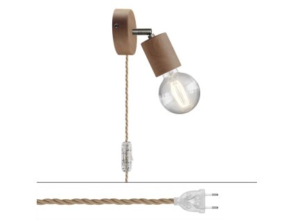 Spostaluce, nástěnná dřevěná lampa s nastavitelným kovovým kloubem, vypínačem a zástrčkou (Povrchová úprava Neutrální - Satinovaný titan, Světelný zdroj Bez žárovky, Zapojení EU)