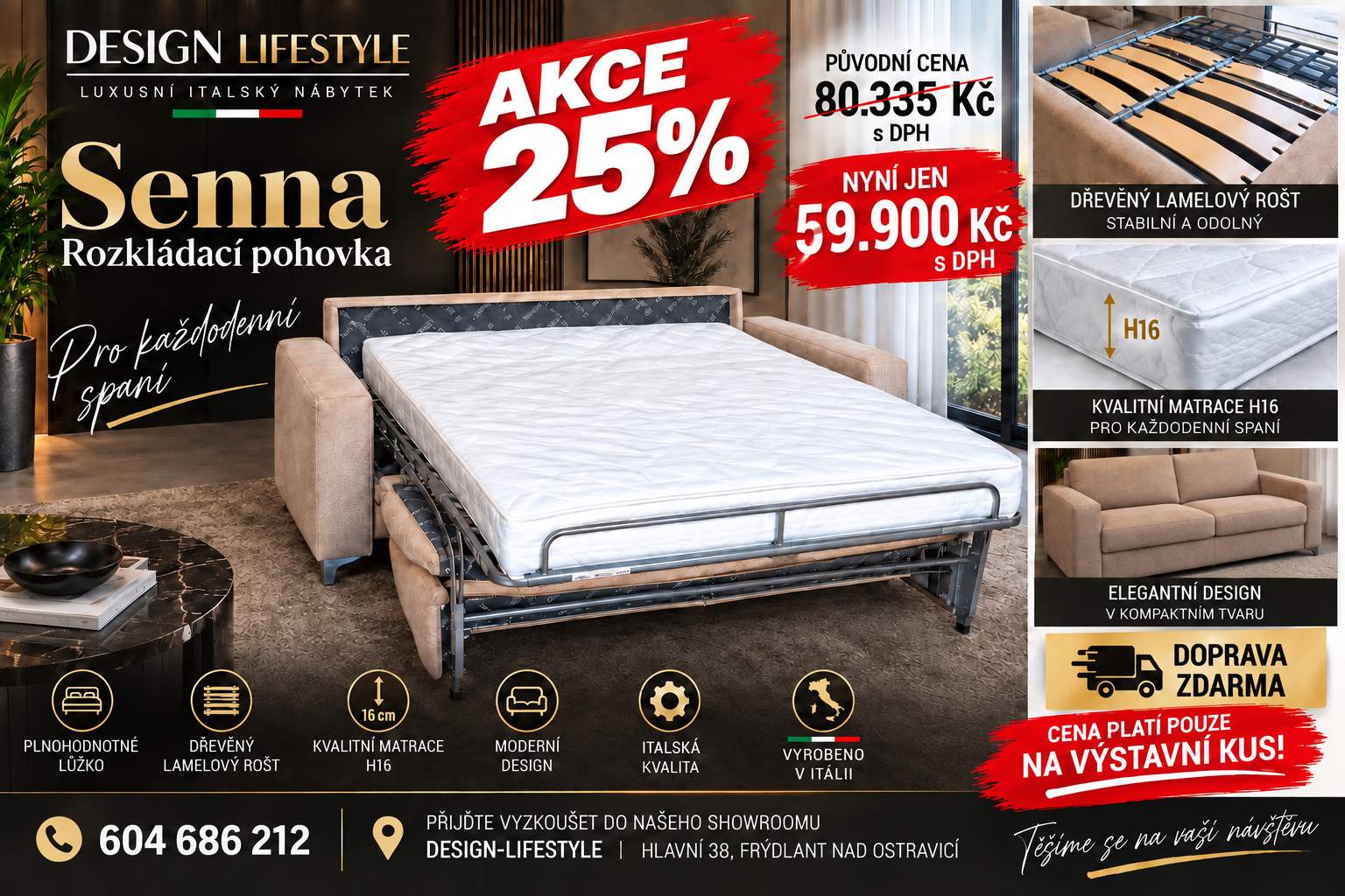Rozkládací pohovka s lamelovým roštem pro každodenní spaní Senna