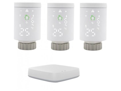 Wifi termosztatikus fej Designo - 4 darabos készlet és Zigbee gateway kicsomagolva