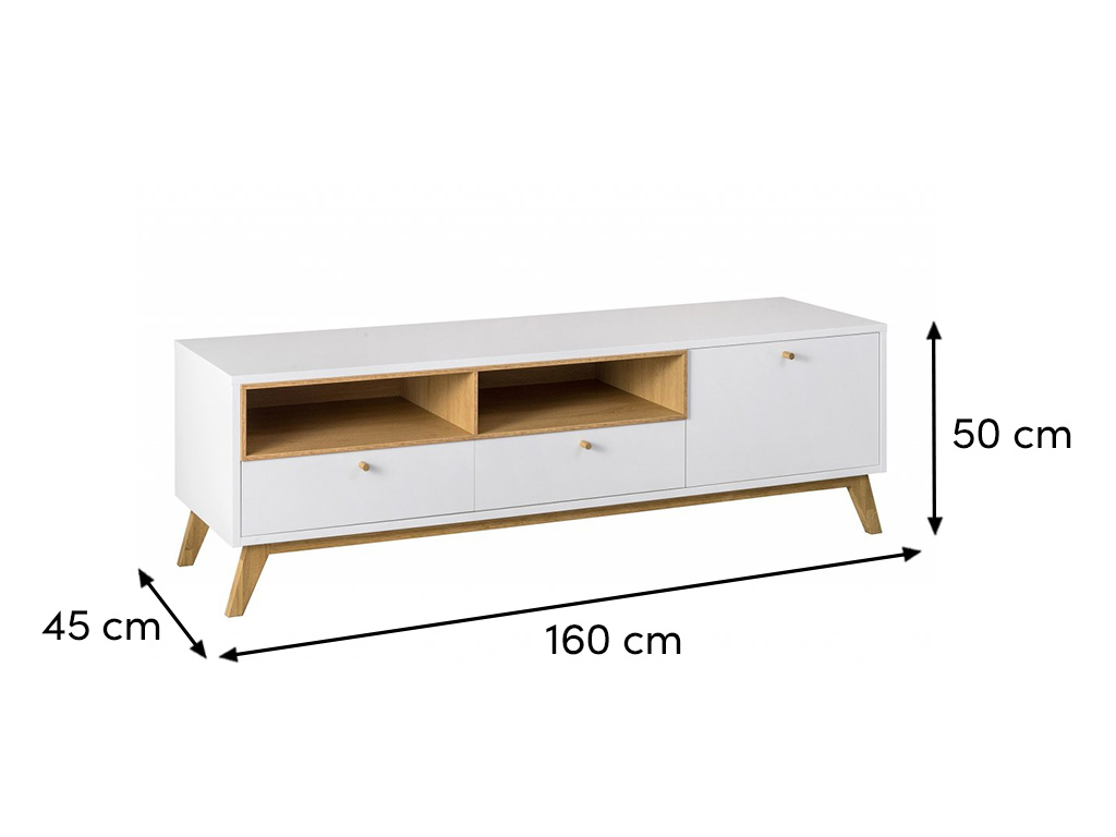 Bílý TV stolek Thia s dubovou podnoží 160 x 45 cm - DESIGNOVÝ NÁBYTEK