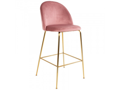 Růžová sametová barová židle Anneke se zlatou podnoží 76 cm