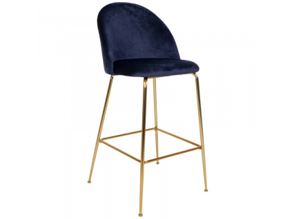 Modrá sametová barová židle Anneke se zlatou podnoží 76 cm