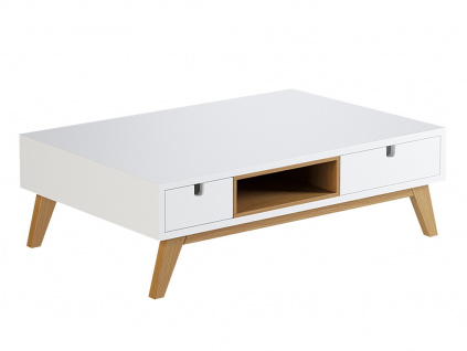 Bílý konferenční stolek Thia s dubovou podnoží 90 x 60 cm