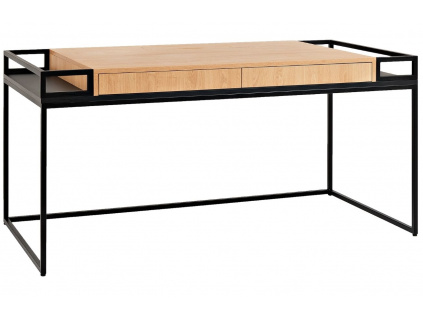 Černý kovový pracovní stůl Hugo 160 x 78 cm s dubovým dekorem