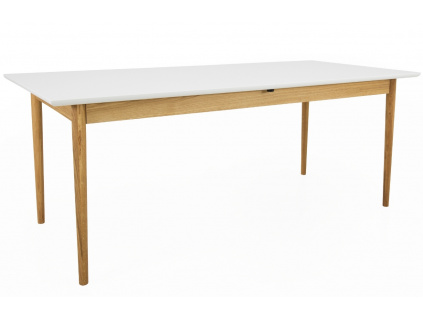 Bílý lakovaný rozkládací jídelní stůl Tenzo Svea 195/275 x 90 cm s dubovou podnoží