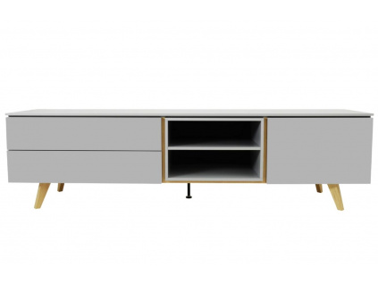 Šedý lakovaný TV stolek Tenzo Plain 210 x 45 cm s dřevěnou podnoží