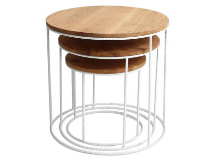 Bílý dřevěný set 3 konferenčních stolků Tris s kovovou podnoží