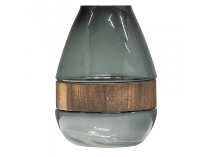 Modrozelená skleněná váza s dřevěným prvkem