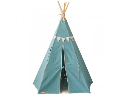 Modrý lněný teepee stan s girlandou Gold Star 170 x 130 cm