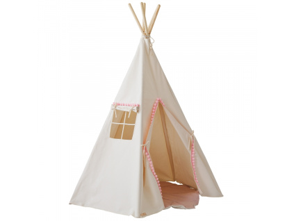 Béžový bavlněný teepee stan Fluffy Pompoms 170 x 130 cm