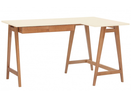 Krémově bílý lakovaný rohový pracovní stůl RAGABA LUKA 135 x 85 cm s dubovou podnoží, pravý roh